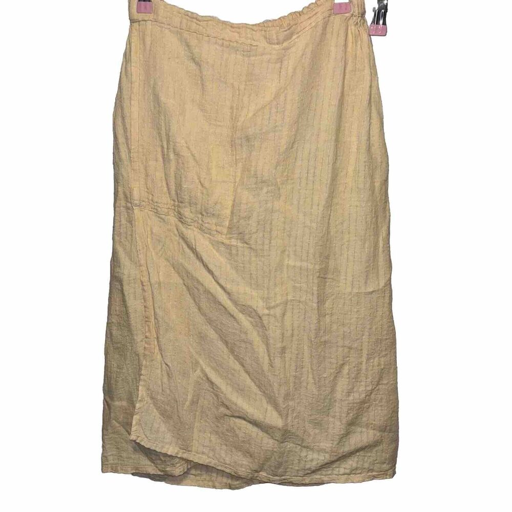 FLAX By JEANNE ENGELHART S Linen Midi Skirt Pocket Side Slit Yellow Stripe Vntg